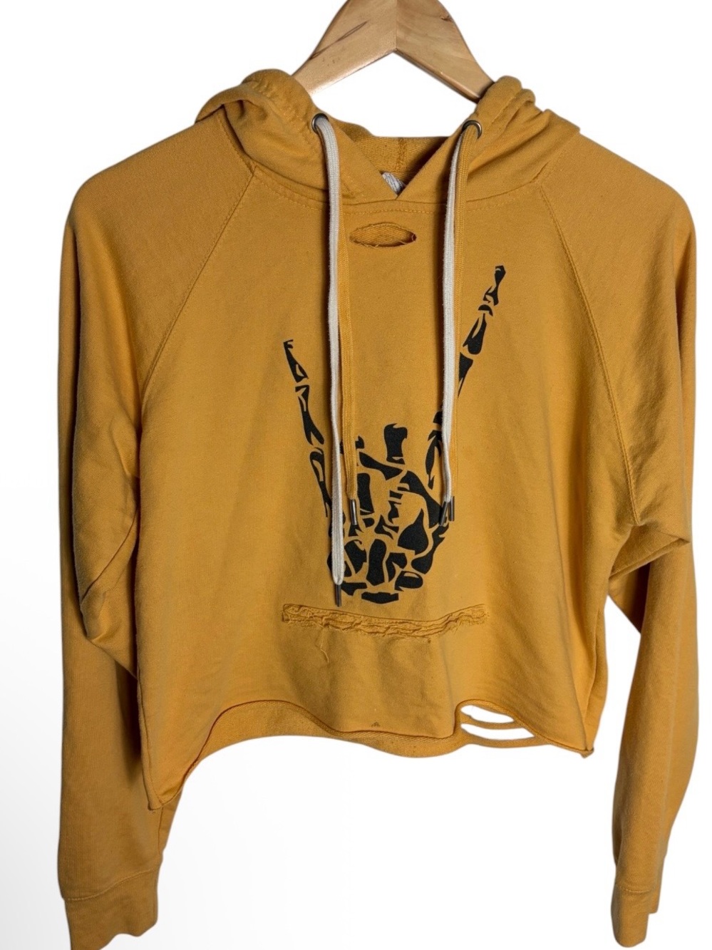 The Drive clothing mustard cropped skeleton distressed cutout hoodie size S